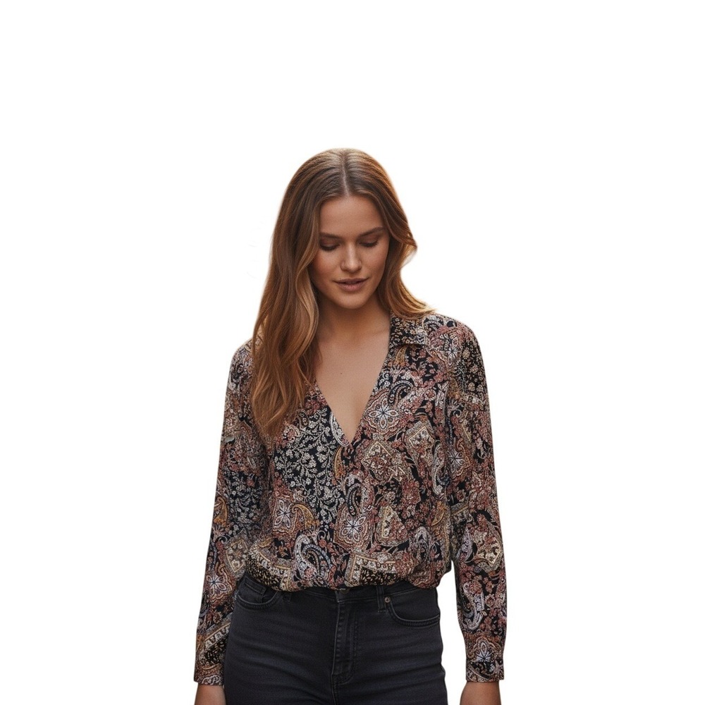 Haute‎ Hippie Paisley Print Cropped Blouse Shirt Womens  M Long Sleeve RET $298